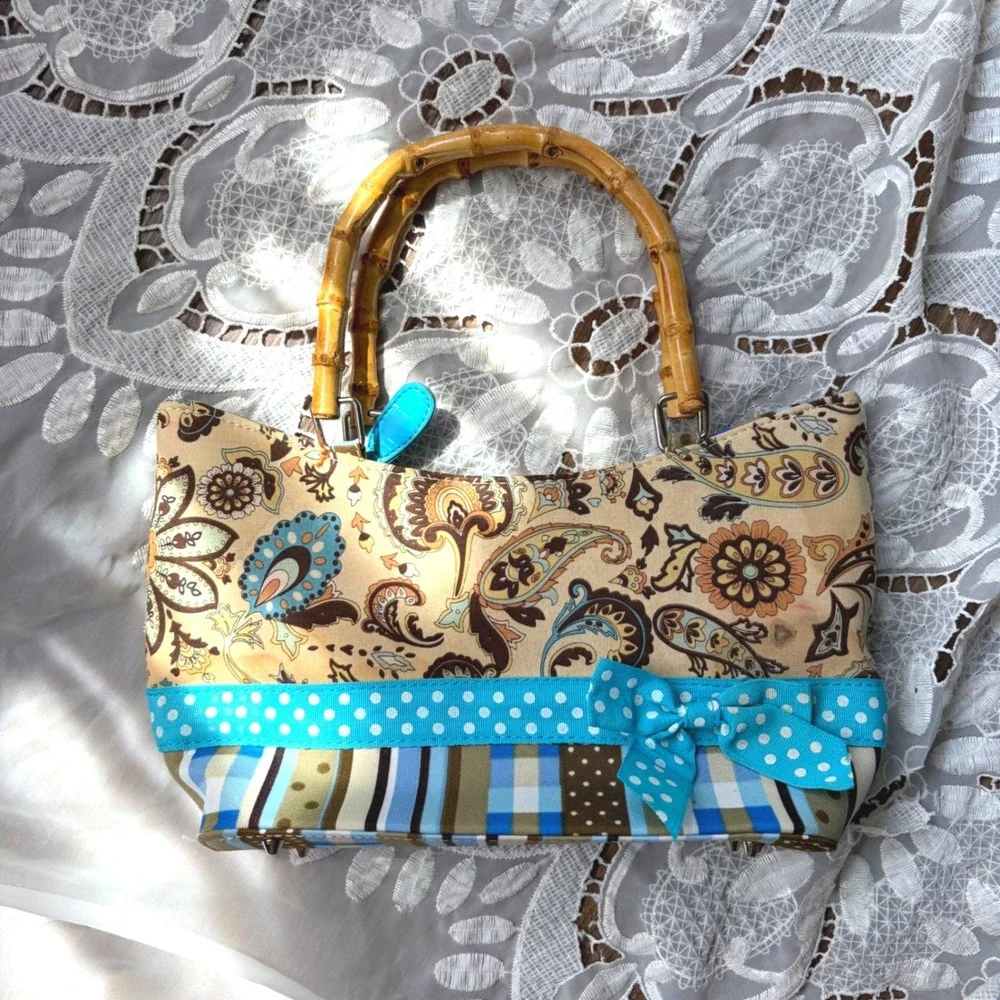 Y2K Coquette Paisley Polka Dot Bamboo Handle Satchel Bag with Wristlet Blue Tan